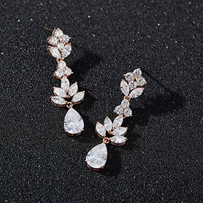 SWEETV Teardrop Wedding Earrings for Brides Birdesmaid | Crystal Cubic Zirconia Bridal Drop Earrings for Women Prom - color: Rose Gold