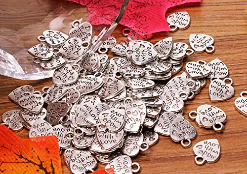 Shapenty 100PCS Mini Metal Beads Heart Shaped “Made with Love” Charms Bulk for DIY Craft Keychain Necklace Pendants Bracelets Earrings Jewelry Making Findings - color: Silver