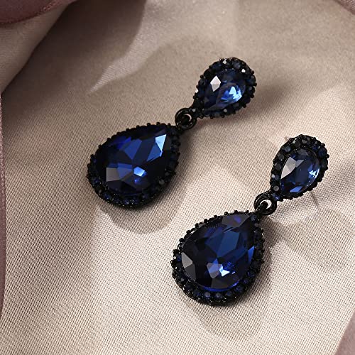 EVER FAITH Women's Austrian Crystal Wedding Tear Drop Dangle Earrings | Bridal Prom Jewelry for Bride Bridesmaid - color: Sapphire Blue Black-Tone