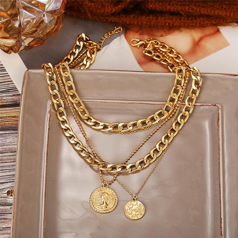 CSIYANJRY99 Chunky Gold Necklaces for Women,Multilayer Punk 80s Hip Hop Necklace,Layered Cuban Link Chain Statement Necklace 90s Freaknik Outfit Accessories for Women - color: Coin Gold