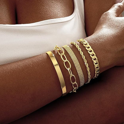 Dainty Bracelet for Women 14K Gold Plated Cross Pearl CZ Leaf Bracelets Set Gold Layering Bracelets Everyday Jewelry - color: 5 Layer Cuff Set -GD