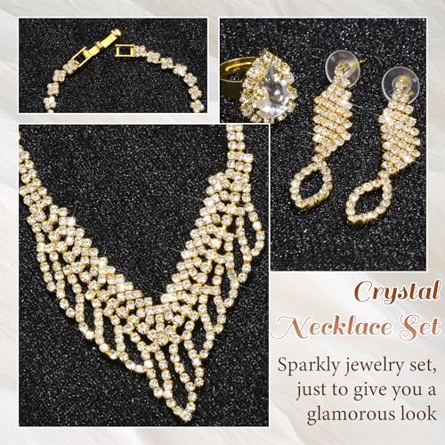 Rhinestone Jewelry Set Crystal Pearl Necklace Bracelet Earrings | Sparkly Necklace Dangle Earrings,Wedding Prom Formal Costume Jewelry Sets for Women - color: Gold5