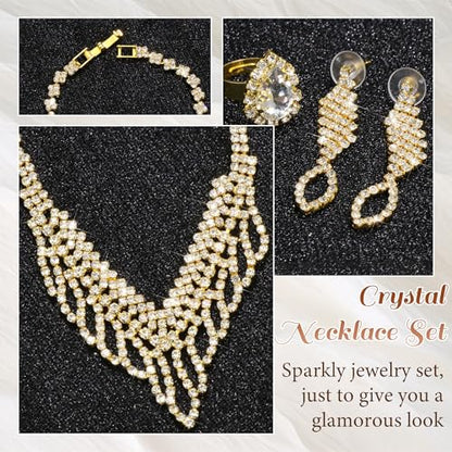 Rhinestone Jewelry Set Crystal Pearl Necklace Bracelet Earrings | Sparkly Necklace Dangle Earrings,Wedding Prom Formal Costume Jewelry Sets for Women - color: Gold5