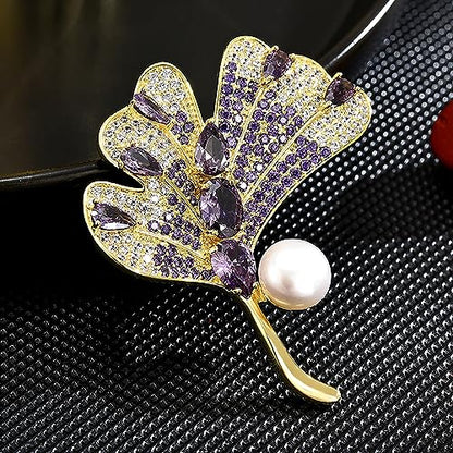 Brooches and Pins for Women Elegant Flower Pearl Brooches Costume Broches Jewelry Lady Christmas Pin for Women - style: Purple Ginkgo Leaf