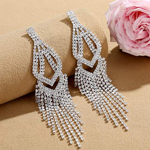 Silver Rhinestone Crystal Bridal Chandelier Long Tassels Dangle Earrings for Wedding - color: F-6