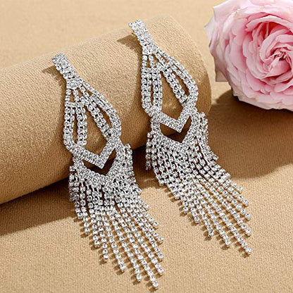 Silver Rhinestone Crystal Bridal Chandelier Long Tassels Dangle Earrings for Wedding - color: F-6