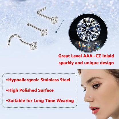 AMASIS Nose Rings and Nose Studs Set, Stainless Steel Hinged Nose Hoops and CZ Studs, Select Sizes and Styles for Nostril Septum Cartilage Piercing Jewelry - color: Silver, size: 12-Piece,Hoops and Studs Sets