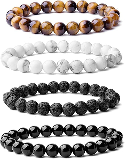 WFJ Black Obsidian Hematite Triple Protection Bracelets Set - Tiger Eye Beaded Natural Stone Bracelet for Men Women Gemstone (10MM) - color: Tiger's Eye Set of 4