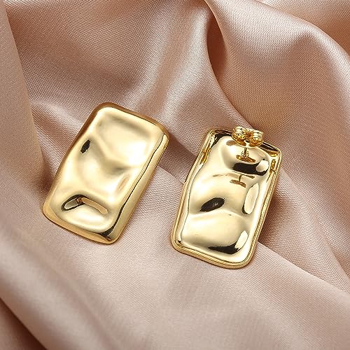 Geometric Rectangle Gold Plated Stud Earrings Irregular Hammered Chunky Statement Square Earrings for Women Trendy - color: Gold Rectangle B