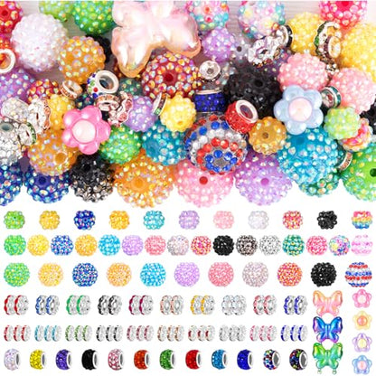 202 PCS HUISUYTON Rhinestone Beads for Jewelry Making, Included 70 Pcs Rhinestone Bead and 132 Pcs Spacer Bead, Sparkly Crystal Clay Beads for Bracelet Baseball Necklace Earring Crafting - color: 202 PCS Rhinestone Beads Mixed Set