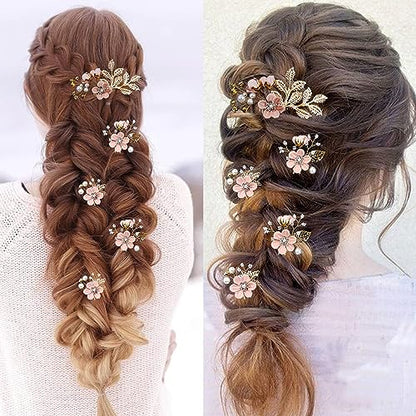 5 PCS Bridal Flower Wedding Hair Pins Crystal Pearl Hair Clips Headpiece Gold Wedding Hair Accessories Jewelry with Rhinestone for Brides Bridesmaids Women Girls Updo(Cherry Blossoms Pink) - color: Exquisite Flower Leaves&Cherry Blossoms Pink