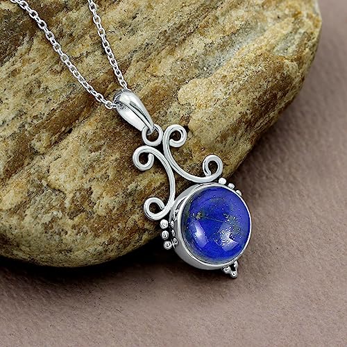 Natural Round Gemstone Pendant Necklace for Women, 925 Sterling Silver | Solitaire Birthstone Jewelry With 18 Inch Chain, Handmade Semi Precious Stone Pendant, Jewelry Gift for Mom, Wife & Sister - color: Lapis Lazuli