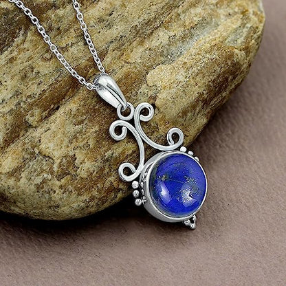 Natural Round Gemstone Pendant Necklace for Women, 925 Sterling Silver | Solitaire Birthstone Jewelry With 18 Inch Chain, Handmade Semi Precious Stone Pendant, Jewelry Gift for Mom, Wife & Sister - color: Lapis Lazuli