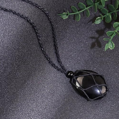 weryerker Natural Gemstone Pendant Necklace Healing Crystal Stone Pendant with Hand-Woven Rope Adjustable for Women Men - color: 1PC Black Obsidian