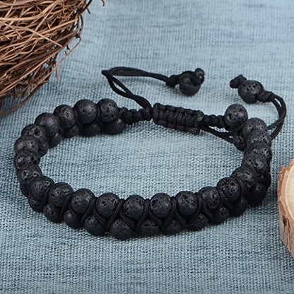 MASSIVE BEADS Double Layer Natural Chakra Healing Power Crystals Macrame Bracelet Yoga Stone Beads Gemstone Meditation Relax Anxiety Bangle for Unisex Women Men - color: Black Lava, size: 6mm