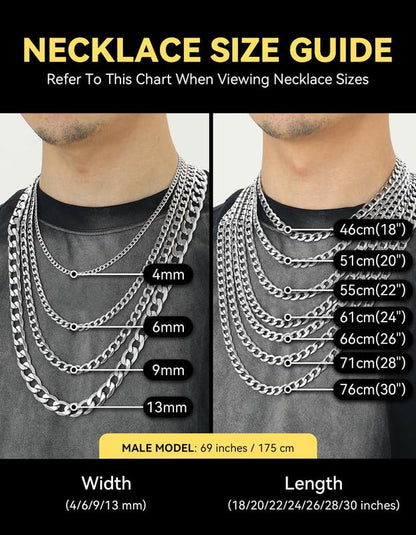 ChainsHouse Stainless Steel Cuban Link Chain Necklace for Mens Jewelry | 4mm/6mm/9mm/13mm Width Flat Cuban Chain, Black/14K Gold Plated Hip Hop Jewelry Mens Necklace 14"-30" Length with Gift Box - color: Silver