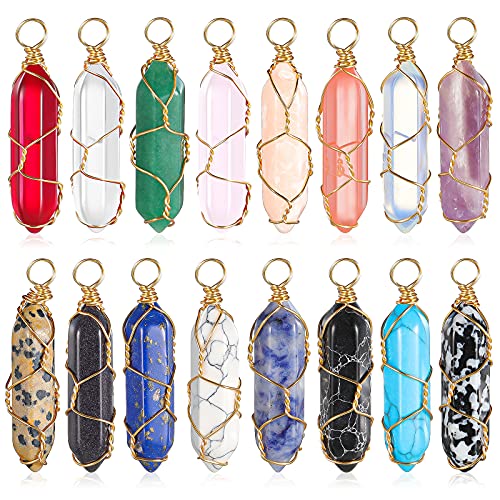 Hicarer 16 Pieces Healing Crystal Pendant Hexagonal Natural Crystal Pendant Pointed Quartz Gemstone Jewelry Wire Wrapped Charms for Necklace Jewelry Making DIY Craft(Lovely Colors)