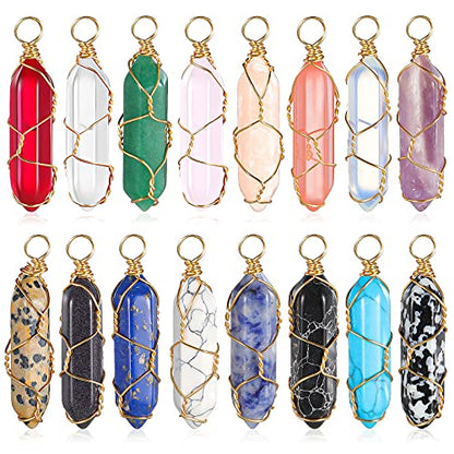 Hicarer 16 Pieces Healing Crystal Pendant Hexagonal Natural Crystal Pendant Pointed Quartz Gemstone Jewelry Wire Wrapped Charms for Necklace Jewelry Making DIY Craft(Lovely Colors)