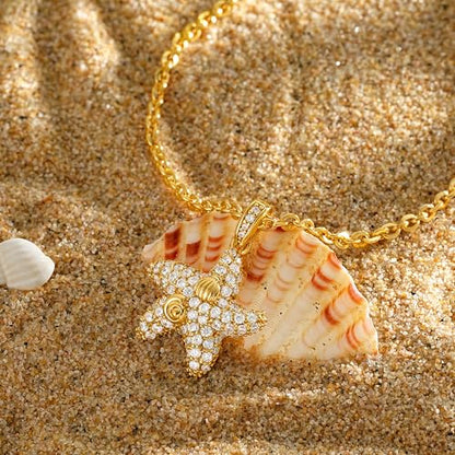 MTMY Gold Starfish Necklace 14K Gold Plated Shell Conch Ocean Pendant Necklace for Women Beach Summer Jewelry - style: cz wave starfish