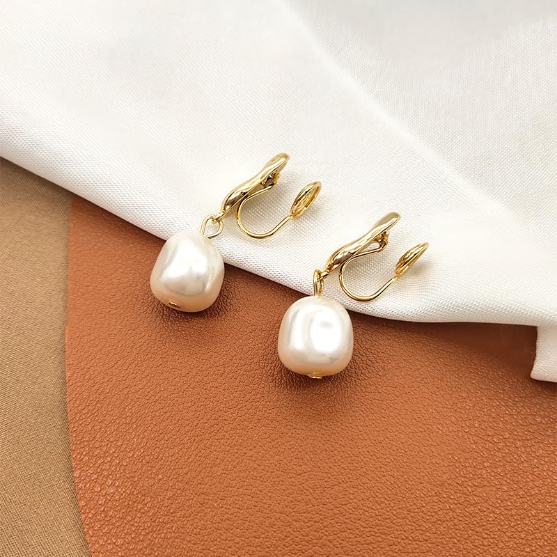 18K Gold Plated Clip-On Pearl Drop Earrings – Elegant Faux Baroque Pearl Dangle for Non-Pierced Ears, Vintage Style Jewelry