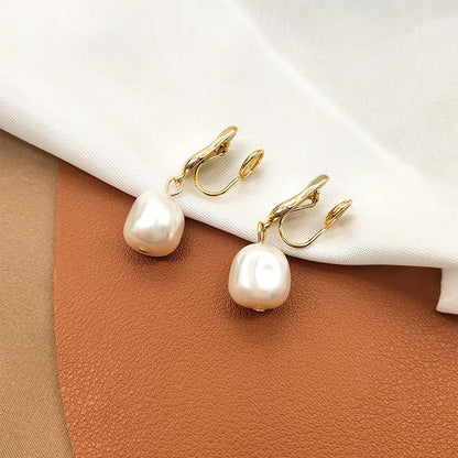 18K Gold Plated Clip-On Pearl Drop Earrings – Elegant Faux Baroque Pearl Dangle for Non-Pierced Ears, Vintage Style Jewelry