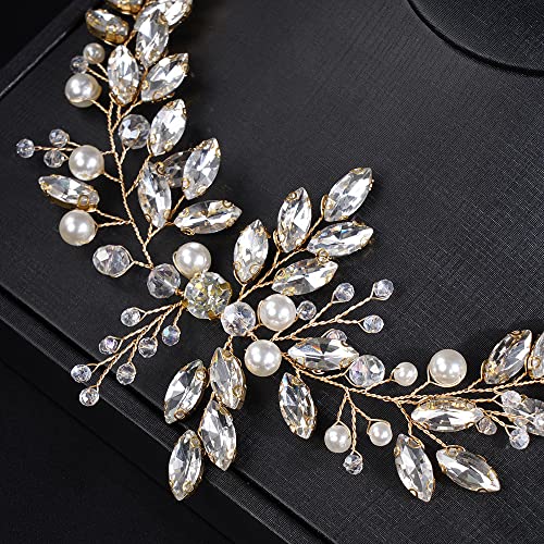 JWICOS Crystal Wedding Headband for Brides Pearl Wedding Hair Accessories Bridal Hair Piece Hair Vine for Women and Girls (Gold) - color: Gold
