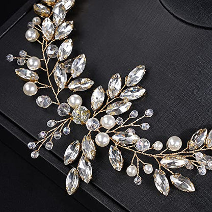 JWICOS Crystal Wedding Headband for Brides Pearl Wedding Hair Accessories Bridal Hair Piece Hair Vine for Women and Girls (Gold) - color: Gold