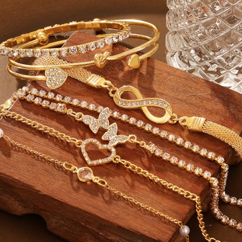 Golden Bangle Bracelets Set for Women, 14k Gold-Plated Multi Layer Stackable Cuff Bracelets, Personalized Boho Non Tarnish Adjustable Bangle Jewelry Gift for Her - color: 8PCS Gold Heart Bracelet