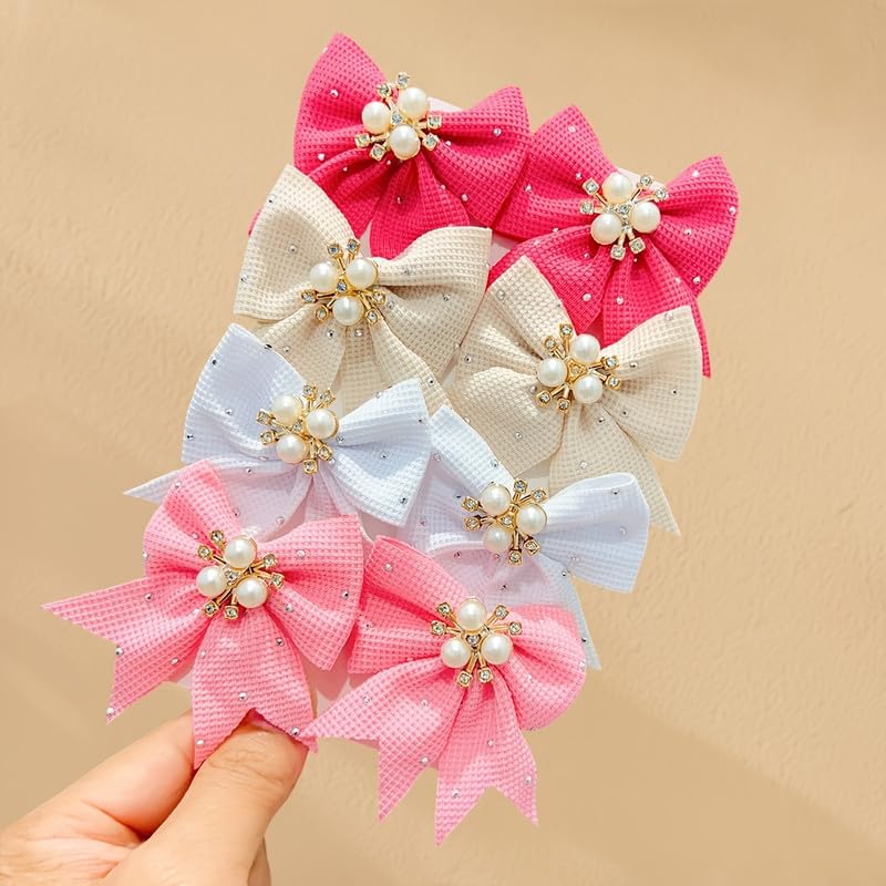 8 Pcs Waffle Fabric Bow Alligator Clips,Set With Faux Pearl Cluster And Sparkly Rhinestone Trim,Solid Tone Fabric Barrettes For Hairstyle Matching(Multicolor)