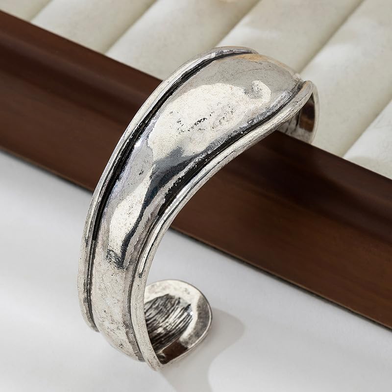 Handmade 925 Sterling Silver Bangle Bracelets For Women Irregular Hammered Cuff Bangles Texture Bangle Bracelets Open Adjustable Cuff Bangles For Women Wide Band Bangles Simple Statement Bangle Gifts - color: C