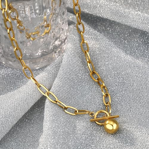 Chunky Gold Necklace for Women, 18K Waterproof Heart Necklace Statement Necklace Gold Charm Necklace Chunky Jewelry Paperclip Chain Choker Gift for Women - style: Golden Ball