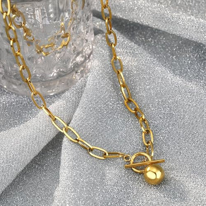 Chunky Gold Necklace for Women, 18K Waterproof Heart Necklace Statement Necklace Gold Charm Necklace Chunky Jewelry Paperclip Chain Choker Gift for Women - style: Golden Ball