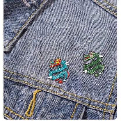 4pcs Chinese Dragon Enamel Lapel Pin Set, Dragon ChineseZodiac Style Traditional Design Red Yellow Pink Blue Green - color: PINK