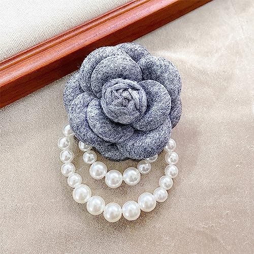 Wool Camellia Flower Pearl Tassel Brooches Pins Delicate Flowers Brooch Classic for Wedding Party Dance Banquet for Women Dainty Elegant Lapel Pins Dress Suit Accessories - color: Grey