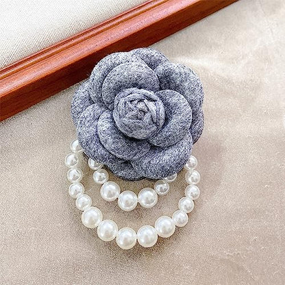 Wool Camellia Flower Pearl Tassel Brooches Pins Delicate Flowers Brooch Classic for Wedding Party Dance Banquet for Women Dainty Elegant Lapel Pins Dress Suit Accessories - color: Grey