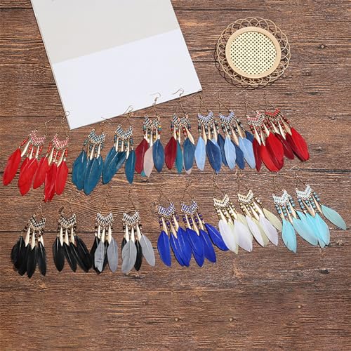 Faux Feather Fringe Tassel Long Dangle Earrings for Women | Bohemian Women Tassel Drop Jewelry - color: dark red