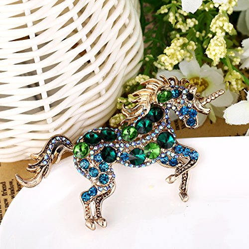 EVER FAITH Women's Austrian Crystal Running Unicorn Brooch - color: Green Gold-Tone