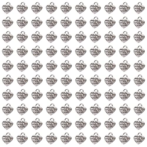 Shapenty 100PCS Mini Metal Beads Heart Shaped “Made with Love” Charms Bulk for DIY Craft Keychain Necklace Pendants Bracelets Earrings Jewelry Making Findings - color: Silver