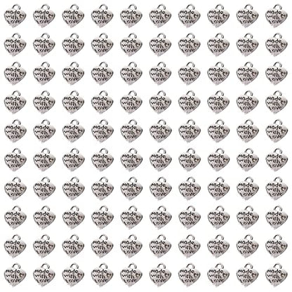 Shapenty 100PCS Mini Metal Beads Heart Shaped “Made with Love” Charms Bulk for DIY Craft Keychain Necklace Pendants Bracelets Earrings Jewelry Making Findings - color: Silver