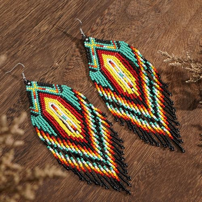 Bohemian Tassel Colorful Beaded Earrings For Women Trendy, Long Fringe Feather Drop Jewelry Handmade Gifts. - color: color8