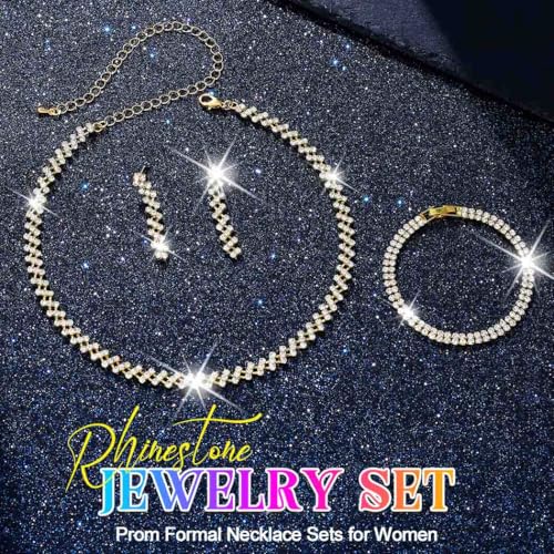 Rhinestone Bridal Wedding Jewelry Sets Silver Necklace Earrings Bracelet Set Prom Formal Costume Jewelry Set for Women and Brides - color: Gold
