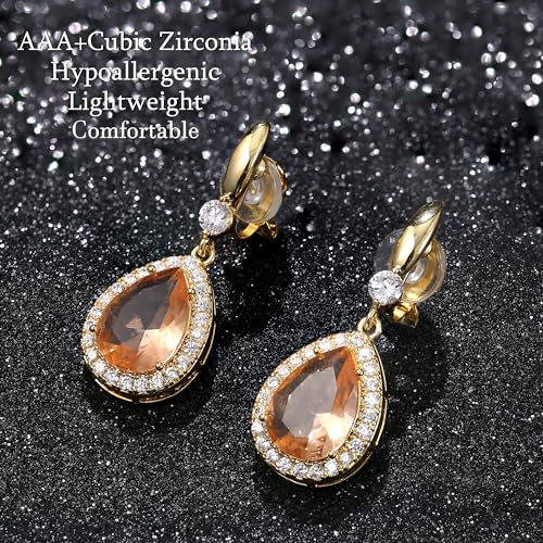 THUNARAZ Clip on Dangle Earrings for Women, Rhinestone Wedding Prom Jewelry | Clip Earrings Non-Pierced, Teardrop Dangle Earrings, Crystal Drop Earrings, Elegant Rhinestone Jewelry for Bride Bridesmaid - color: Gold Tone/Champagne Stone