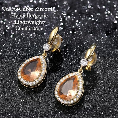 THUNARAZ Clip on Dangle Earrings for Women, Rhinestone Wedding Prom Jewelry | Clip Earrings Non-Pierced, Teardrop Dangle Earrings, Crystal Drop Earrings, Elegant Rhinestone Jewelry for Bride Bridesmaid - color: Gold Tone/Champagne Stone