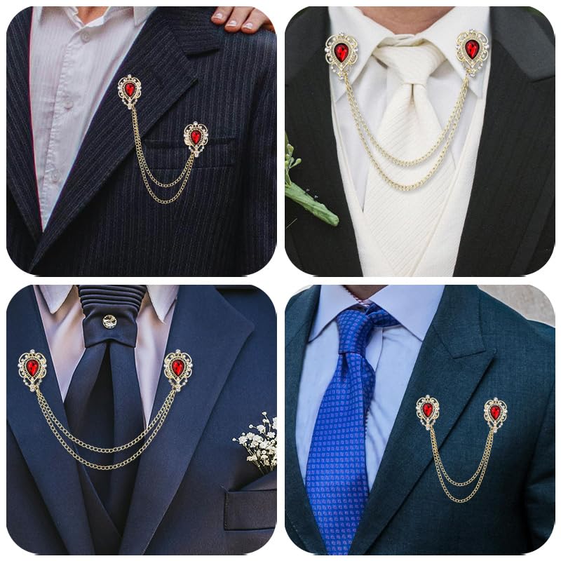Teardrop Rhinestone Brooch Mens Lapel Pins for Shirt Collar Hanging Chain Brooch Suit Pin Crystal Rhinestone Lapel Pins for Men - color: Red