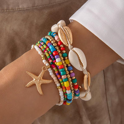 Bohemian Stackable Shell Beaded Ankle Bracelets for Women Colorful Boho Multi-Layer Seashell Gold Starfish Adjustable Handmade Braid Bracelet Summer Beach Holiday Accessories Gifts - color: Multi