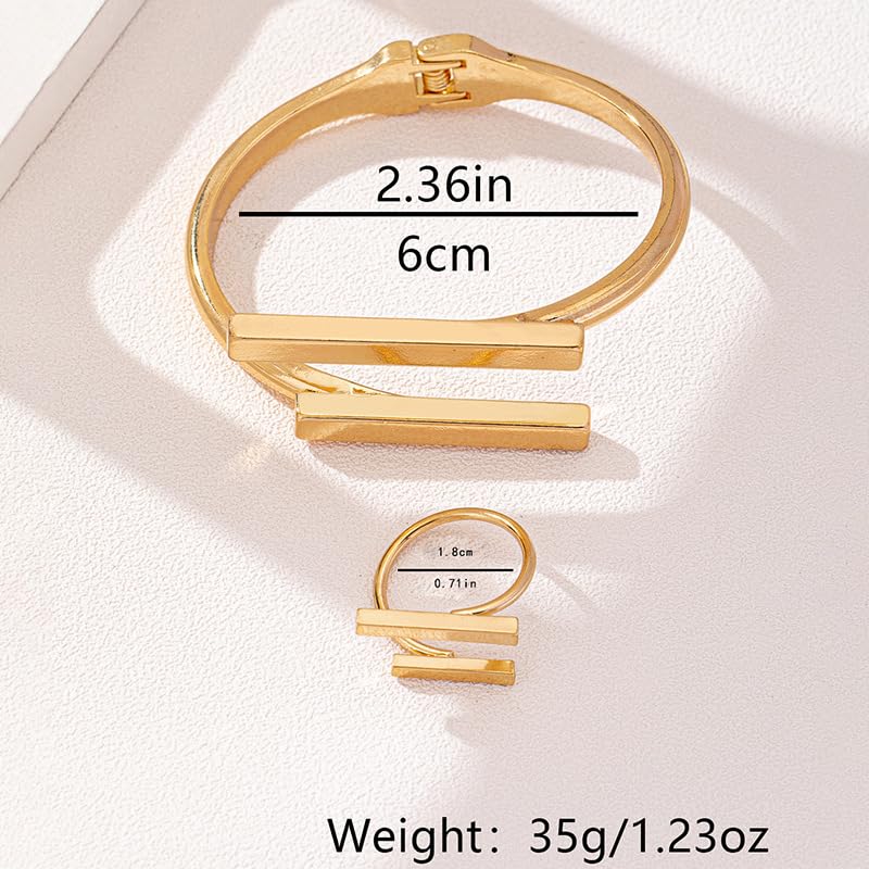 Chunky Gold Bracelet and Ring Jewelry Set,Thick Bracelets Stack Statement Rings Set Non Tarnish Chunky Bangles Jewelry Gits for Women - color: Gold