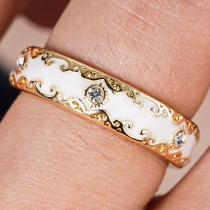 Exquisite Elegant Inlay Zirconia Enamel Golden Wide Rings for Women Daily Wedding Banquet Luxury Jewelry (No Boxes) - color: golden, size: 9