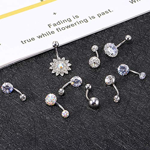 Yaomiao 18 Pcs 14G Stainless Steel Belly Button Ring Rhinestone Heart Dangle Belly Button Rings for Women - color: Silver, Elegant Style