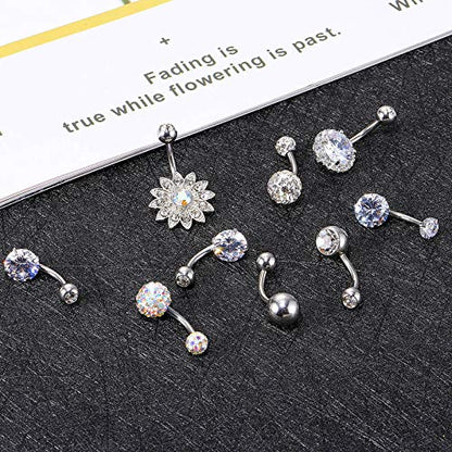 Yaomiao 18 Pcs 14G Stainless Steel Belly Button Ring Rhinestone Heart Dangle Belly Button Rings for Women - color: Silver, Elegant Style