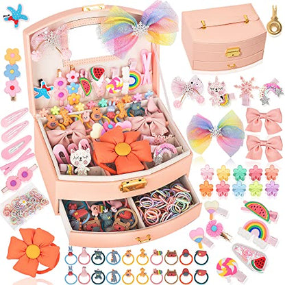 Hair Accessories Set for Girls: Jewelry Box, Hair Clips, Barrettes, Ties, Bows - Teen Girl Gift for Ages 4-12 (Pink) - color: Pink